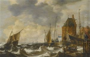 Dutch Vessels And A Rowing Boat On Choppy Waters By A Small Harbour Town, A Man O War Safely Moored And Two Gentlemen Overlooking The Scene In The Foreground