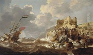 A Coastal Landscape With A Dutch Three-master In Distress, A Shipwreck In The Foreground And A Castle On A Hill Top Nearby
