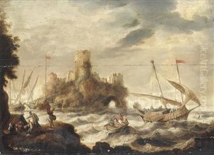 Dutch Smalschips Inshore In Heavy Seas Before A Fortified Island