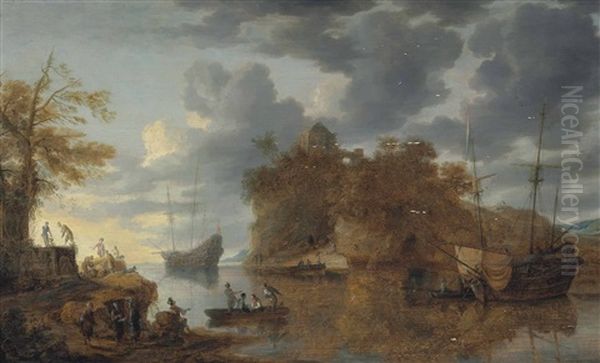 A Coastal Scene With Shipping In A Calm With Figures In A Rowing Boat And Conversing On A Shore - view 1
