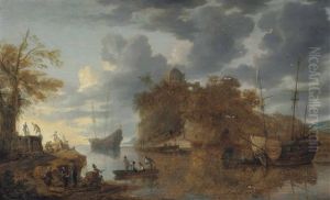 A Coastal Scene With Shipping In A Calm With Figures In A Rowing Boat And Conversing On A Shore
