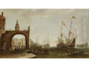 A Capriccio Of A Mediterranean Harbour, With Ships Anchored And Figures On The Quayside by Bonaventura Peeters the Elder