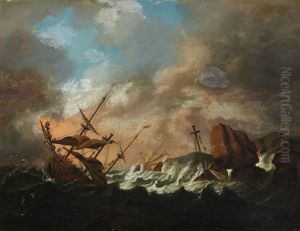 Sailing Ships In A Storm by Bonaventura Peeters the Elder
