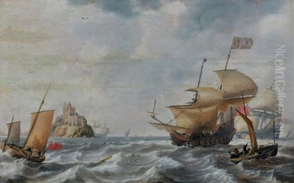 Vaisseaux Le Long D'un Chateau Sur Un Ilot Entoure De Dauphins - view 1