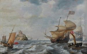 Vaisseaux Le Long D'un Chateau Sur Un Ilot Entoure De Dauphins by Bonaventura Peeters the Elder