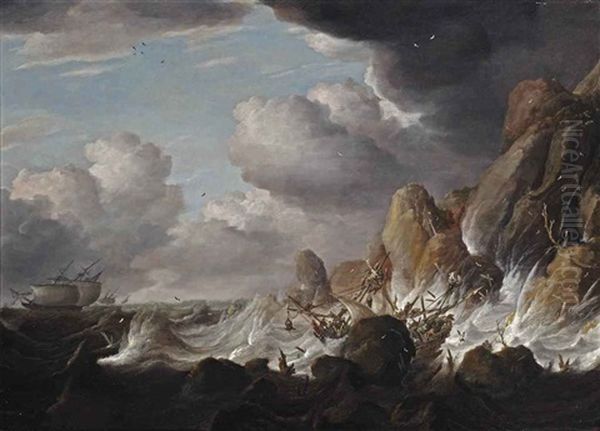 Shipping In Stormy Waters With A Shipwreck On The Cliffs - view 1
