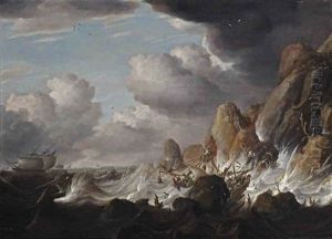 Shipping In Stormy Waters With A Shipwreck On The Cliffs by Bonaventura Peeters the Elder