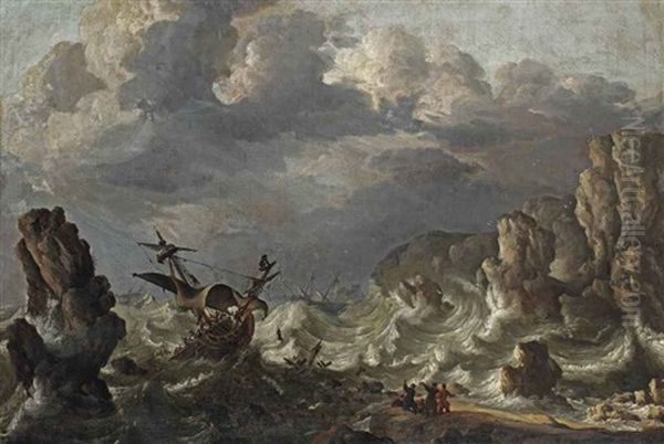 A Ship Wreck Near A Rocky Coast In Rough Seas - view 1