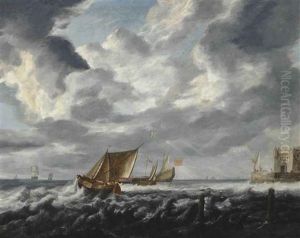 An English Man-o'war At Anchor Off A Fortified Headland Surrounded By Dutch Smalschips And Other Coastal Craft
