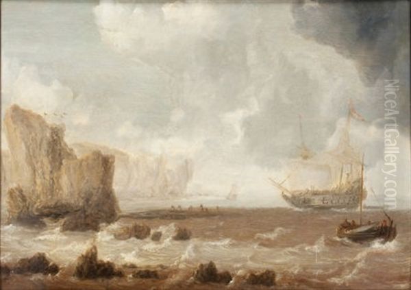 A Dutch Battleship And Sailing Boats In Choppy Seas Near A Rocky Coast - view 1
