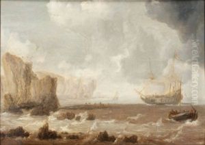 A Dutch Battleship And Sailing Boats In Choppy Seas Near A Rocky Coast by Bonaventura Peeters the Elder