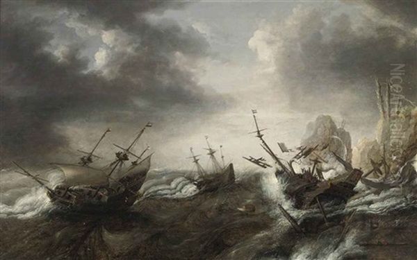 Vessels In Stormy Water, Two Boats Shipwrecked Near The Rocks, One With The Coat Of Arms Of Zeeland - view 1