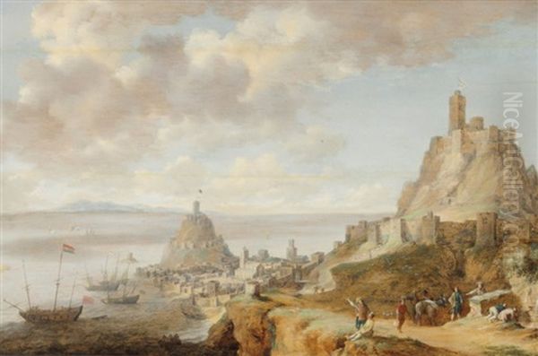 Promeneurs Et Paysans Devant Une Vue De Gaeta Pres De Naples - view 1