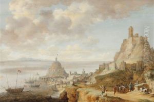 Promeneurs Et Paysans Devant Une Vue De Gaeta Pres De Naples
