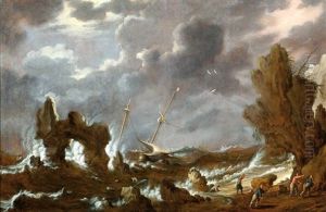 A Three-masted Ship In Front Of A Rocky Coast During A Storm by Bonaventura Peeters the Elder