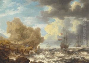 Dutch Ships Off A Rocky Coast With Colonists Encountering Natives