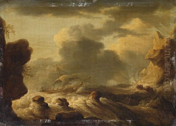 Shipping In Stormy Waters Near A Rocky Coast - view 1
