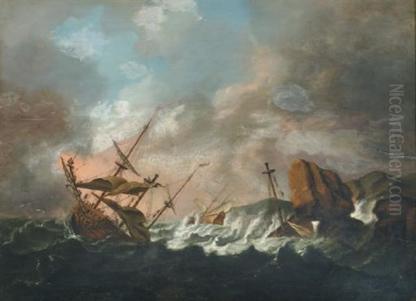 Sailing Vessels On Stormy Waters With Cliffs Nearby - view 1