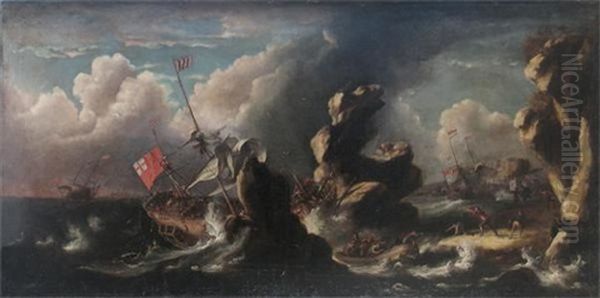 Extensive Stormy Coastal Scene With Ships In Jeopardy On The Rocks - view 1