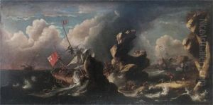 Extensive Stormy Coastal Scene With Ships In Jeopardy On The Rocks by Bonaventura Peeters the Elder