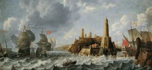 Spanische Kriegsschiffe Vor Einer Mittelmeerfestung