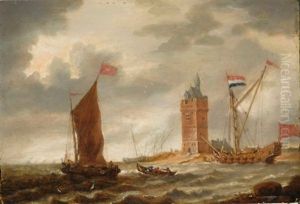 Shipping In A Breeze Before A Coast With A Fortified Tower (+ Shipping In Stormy Seas Near An Island; Pair) by Bonaventura Peeters the Elder