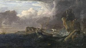 Sturmische See. Segelschiffe Auf Tosenden Wogen Vor Felsiger Kuste