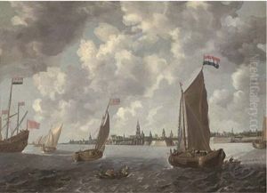 Frigates, Smalschips And Other Shipping In Choppy Waters In An Estuary by Bonaventura Peeters the Elder
