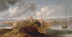 A Fortified Port On A Promontory, An English Frigate Firing A Salute