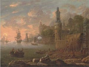 A Mediterranean Coastal Harbour With Figures Building A Man'o-war, Shipping Beyond
