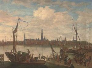 A Dutch Port With Shipping And Figures On The Bank by Bonaventura Peeters the Elder