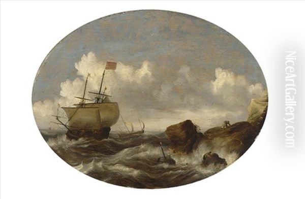 An English Merchantman And Other Vessels In A Rough Sea, With A Shipwreck Near The Rocks In The Foreground - view 1