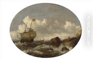 An English Merchantman And Other Vessels In A Rough Sea, With A Shipwreck Near The Rocks In The Foreground by Bonaventura Peeters the Elder
