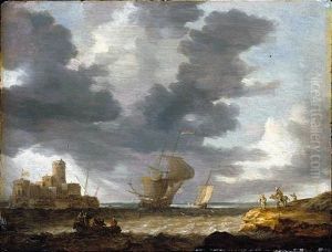 A Breezy Estuary Scene With A Dutch Man-o-war Before A Castle A Breezy Estuary Scene With A Dutch Man-o-war Before A Castle