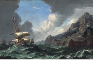 Dutch Shipping In Choppy Waters With A Rocky Coastal Landscape And Mountains Beyond by Bonaventura Peeters the Elder