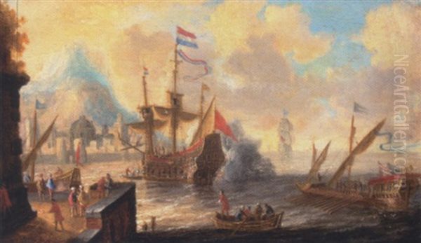 A View Of A Mediterranean Harbour Scene With A Galley And A Dutch Man Of War In The Foreground by Bonaventura Peeters the Elder