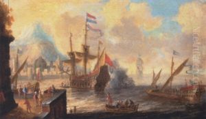 A View Of A Mediterranean Harbour Scene With A Galley And A Dutch Man Of War In The Foreground