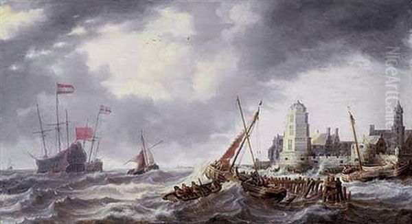Frigates, Smalschips And Other Shipping In A Stiff Breeze Off A Port - view 1