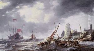 Frigates, Smalschips And Other Shipping In A Stiff Breeze Off A Port by Bonaventura Peeters the Elder