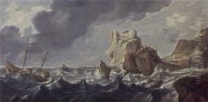 A Mediterranean Harbour Entrance With Shipping On Rough Seas And A Shipwrecking In The Foreground, A Castle And A Town In The Background by Bonaventura Peeters the Elder