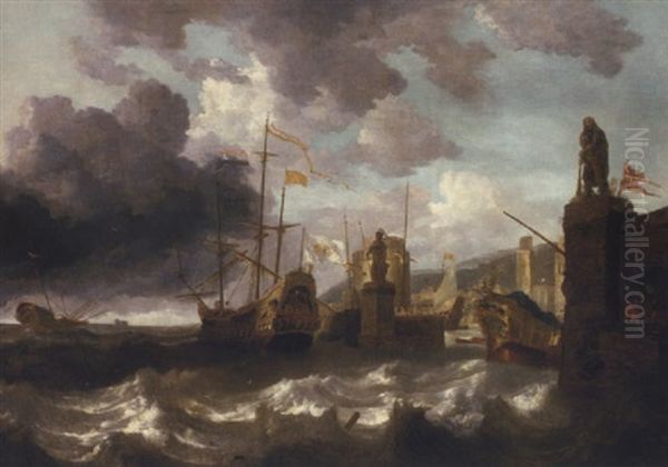 A Coastal Landscape With Men-o'-war In Choppy Seas Outside A Mediterranean Harbour - view 1