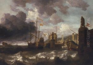 A Coastal Landscape With Men-o'-war In Choppy Seas Outside A Mediterranean Harbour by Bonaventura Peeters the Elder