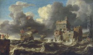 Schiffe Im Sturm Vor Einem Orientalischen Hafen by Bonaventura Peeters the Elder
