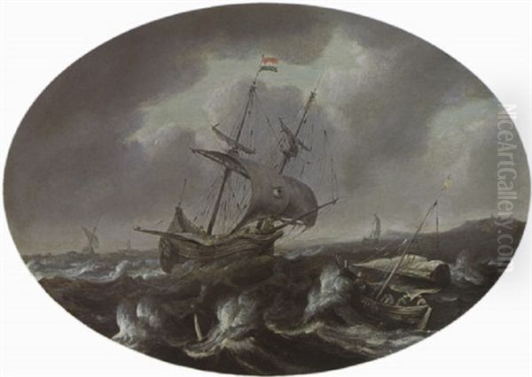A Merchantman And Other Sailing Vessels In A Storm Near A Coast - view 1