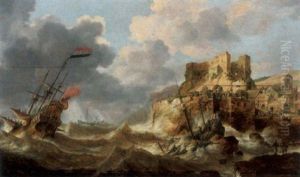 Shipwrecking In Stormy Seas, With A Fortification On A Cliff