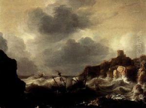 Ships In A Stormy Sea Below A Castle On A Rocky Promontory