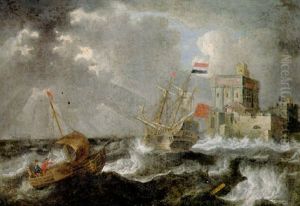 A Dutch Threemaster And A Wijdschip Offshore In A Gale, A Fortified Castle Beyond