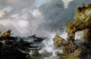 A Whaler Shipwrecked Off A Rocky Coast In Gale, With A Whale Rising In The Sea, Other Shipping And Survivors On An Outcrop In The Foreground by Bonaventura Peeters the Elder