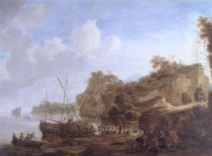 A Mediterranean Landscape At Sunset With A Crew Caulking The Hull Of A Merchant Vessel by Bonaventura Peeters the Elder