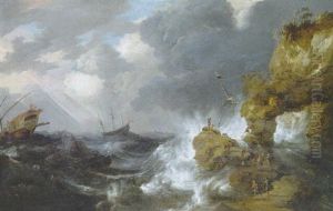 A Waler Shipwrecked Off A Rocky Coast In A Gale, With Men Coming To The Rescue by Bonaventura Peeters the Elder